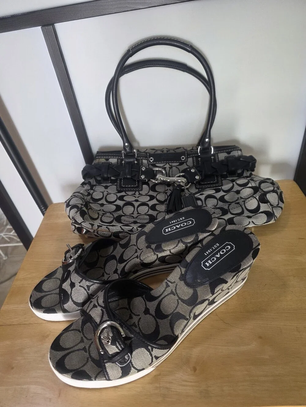 Coach Black and Gray Signature Satchel with Matching Wedge Slides Shoes Size 11